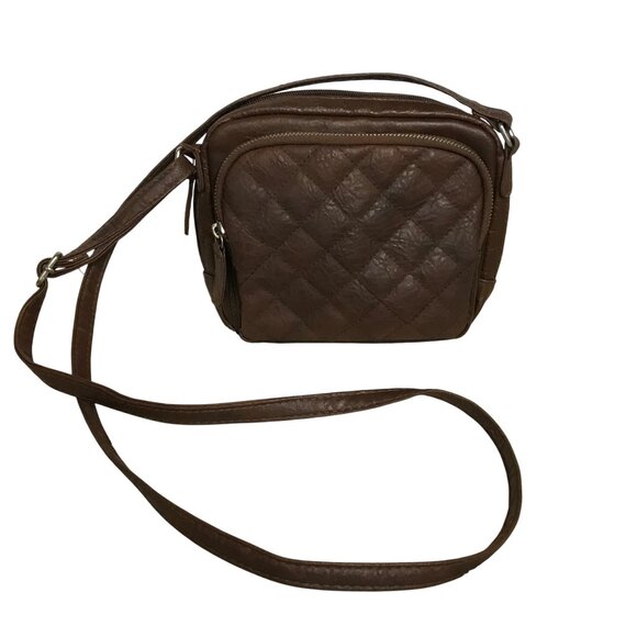 American Eagle Purse Quilted Brown Crossbody Pink Striped Interior Zipper 8.5x7" - Picture 1 of 16